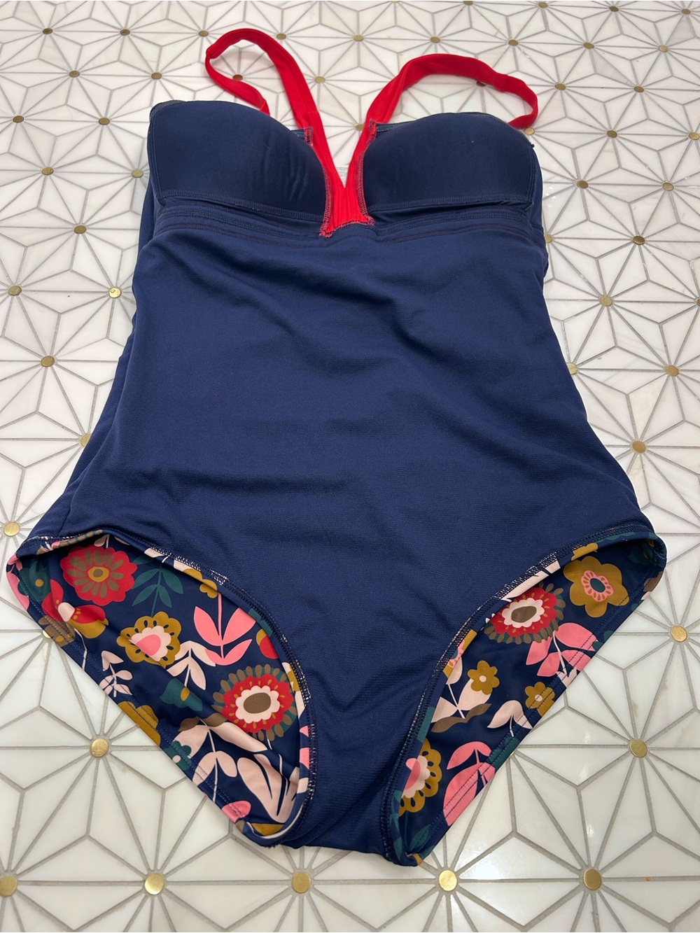 Boden Navy Floral One-Piece Swimsuit with Pink Straps - Women's Size 8 Long - Picture 4 of 6